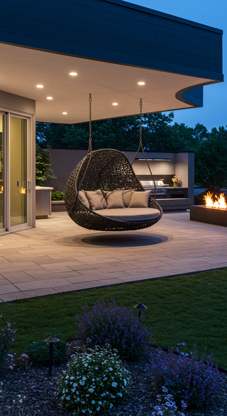 Grote, ronde, donkere rotan hangstoel/daybed hangend aan een overkapping, moderne tuin met vuurplaats.