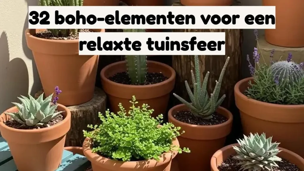 Boho tuinsfeer: terracotta potten met cactussen, vetplanten en lavendel. 32 elementen voor een relaxte tuin.