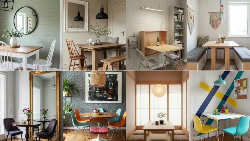 Diverse compacte eethoeken die groot aanvoelen dankzij slimme decoratie en efficiënte indelingen.