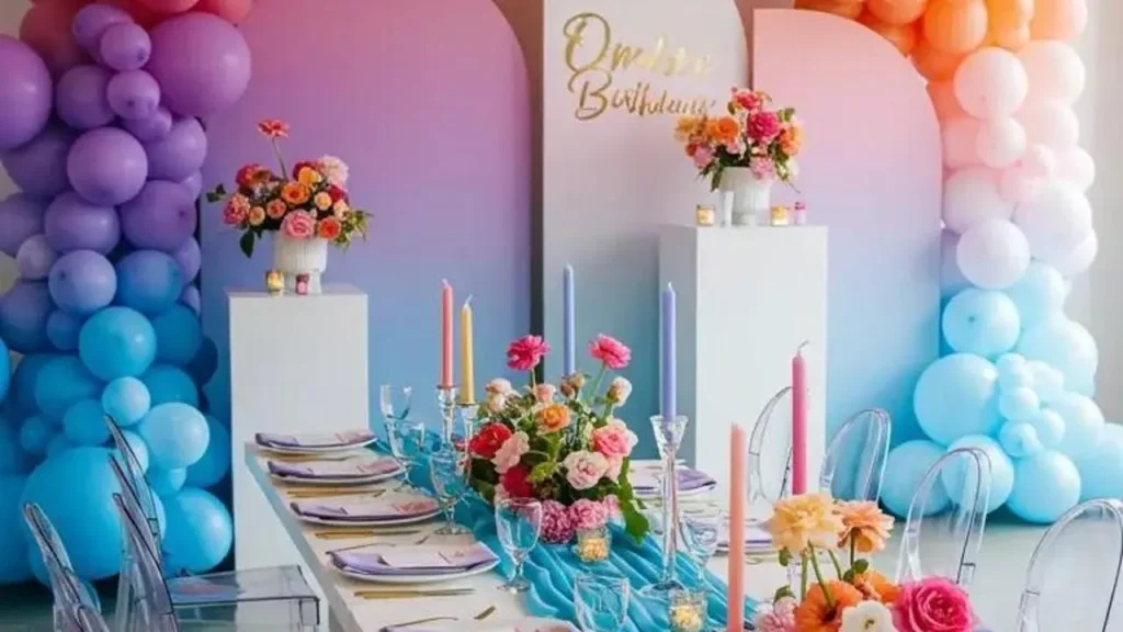 Stijlvolle tafelsetting voor een 32e verjaardag, met ballonnen en bloemen, zonder clichés.