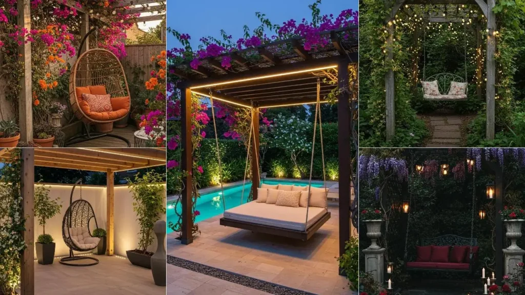 Diverse houten pergola's met schommels, vol bloemen, klimplanten en sfeerlicht in de avond.