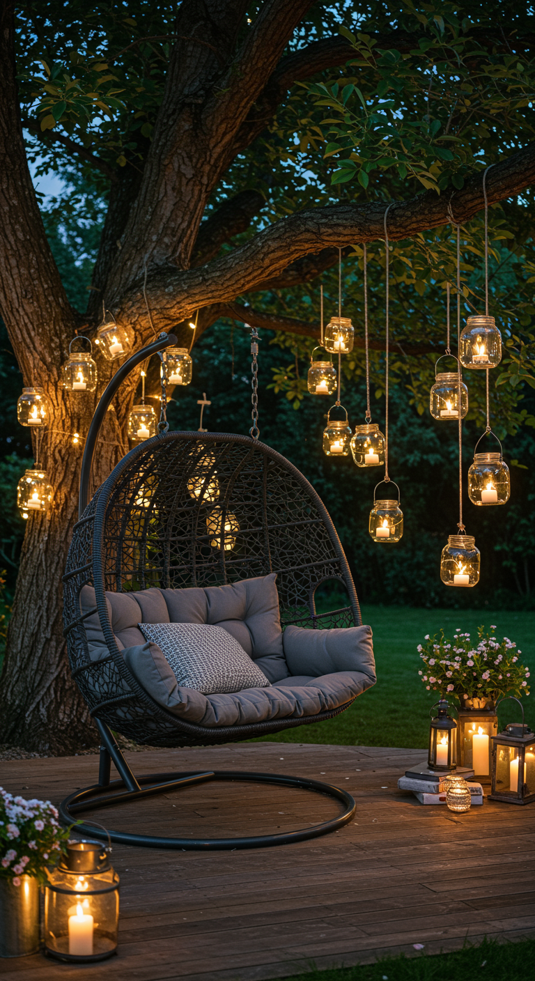 Grijze eivormige hangstoel op een houten terras, omringd door vele lantaarns en potjes met lichtjes.