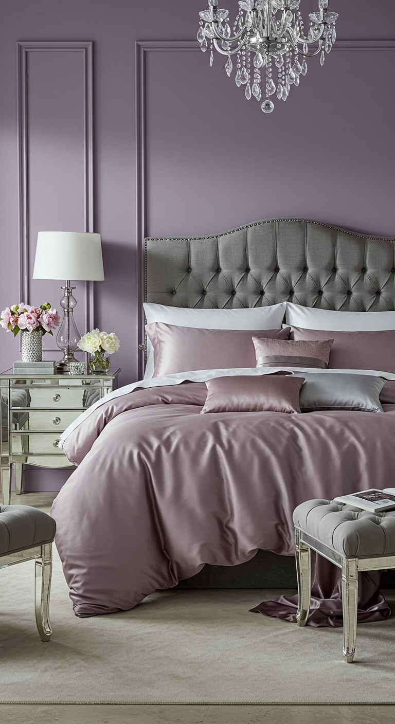 Luxe slaapkamer met lila muren, grijs gestoffeerd bed en dusty rose satijnen beddengoed.