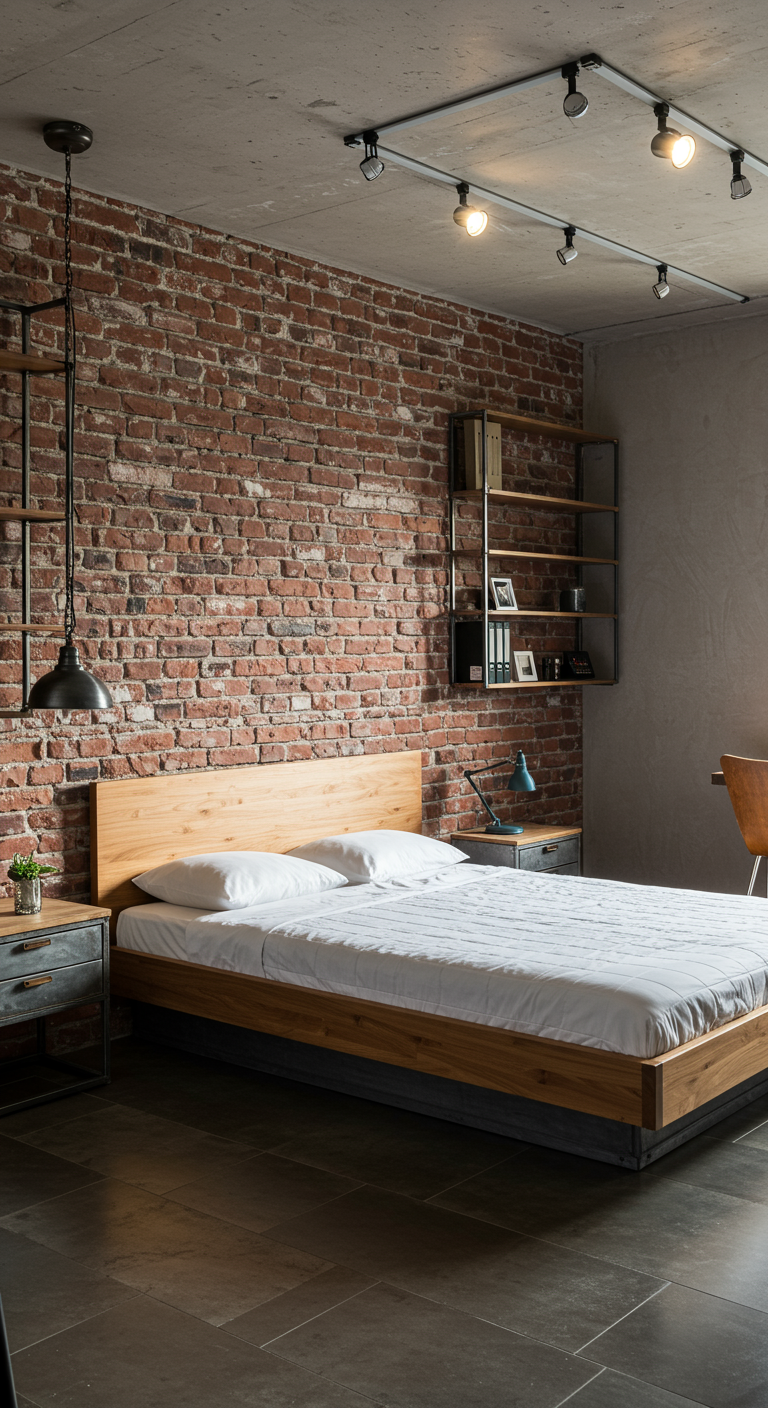 Industrieel minimalistische slaapkamer met bakstenen muur en houten bed.