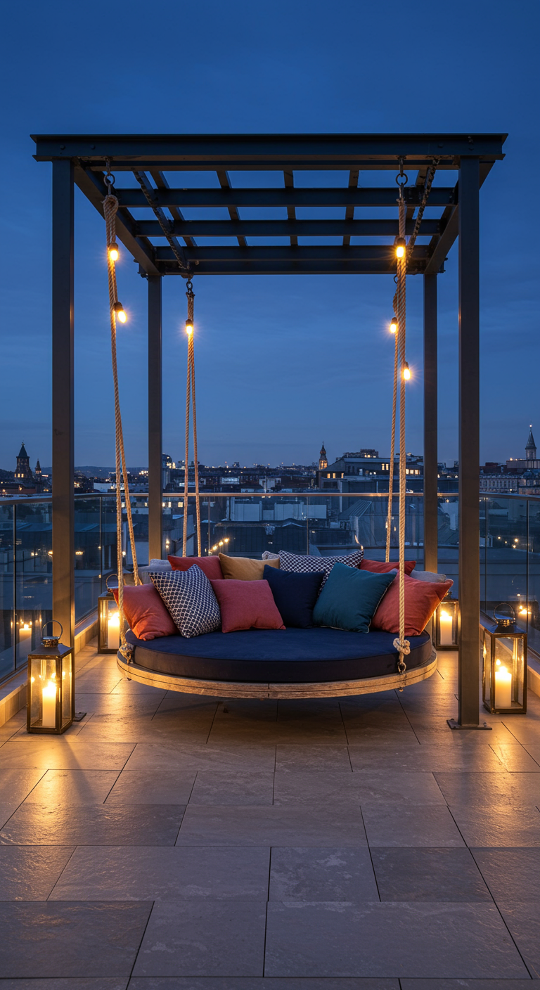 Grote ronde hangende schommel op dakterras met stadszicht en lichtjes.