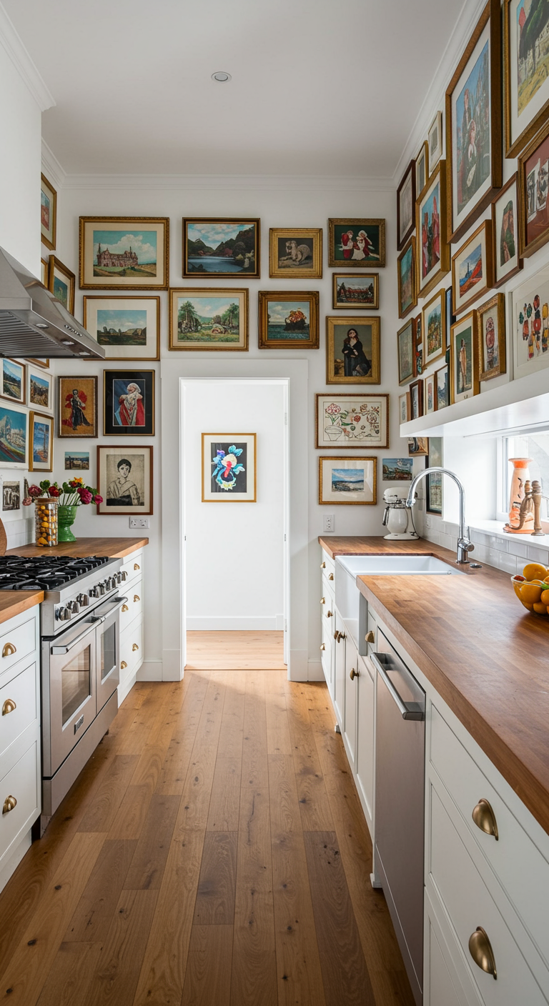 Smalle keuken met witte kasten, houten werkblad en een muur vol schilderijen tot aan het plafond.
