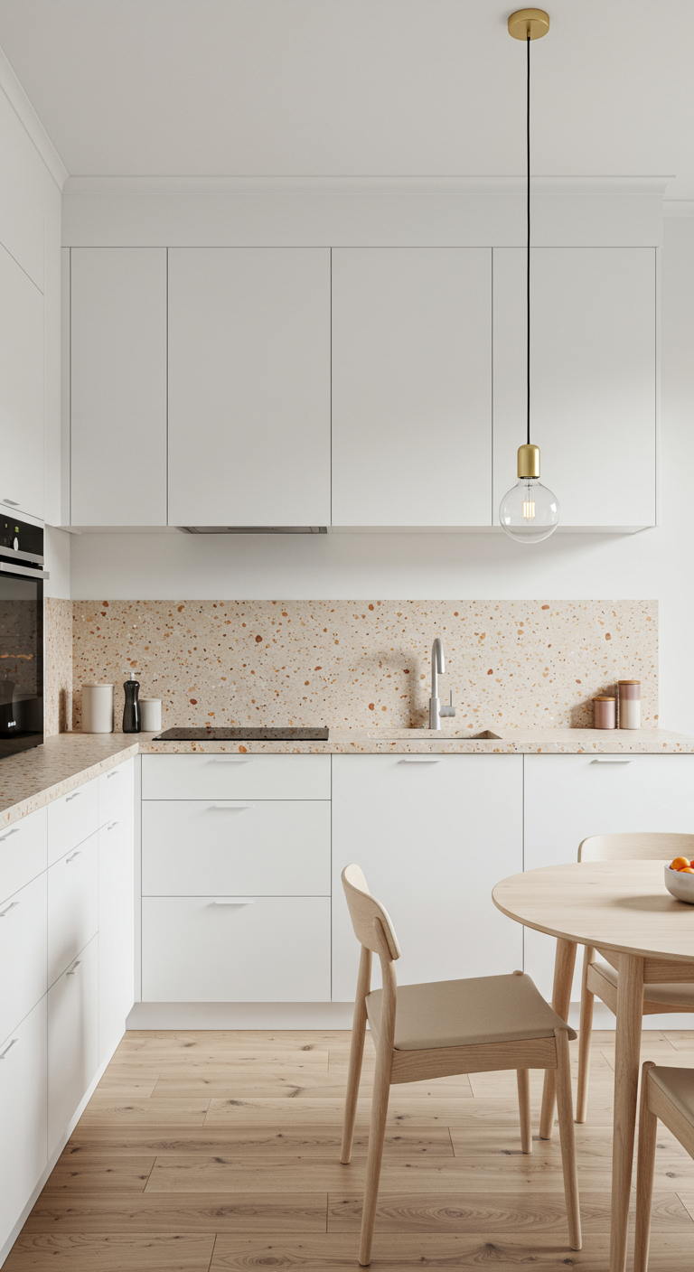Witte minimalistische keuken met terrazzo achterwand en houten eethoek.