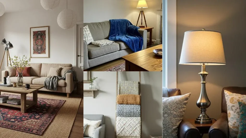 Collage van interieurs met betaalbare styling: lampen, kussens, dekens & decoraties.