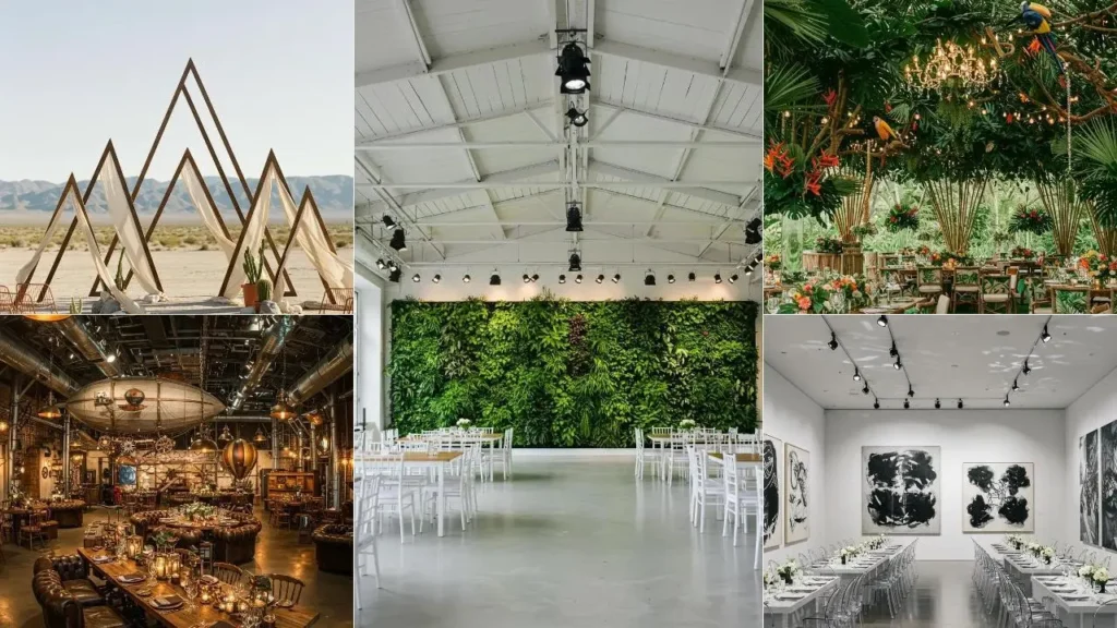 Bruiloft styling inspiratie zonder bloemen: diverse decors met planten, kaarsen en unieke thema's.
