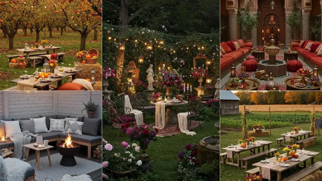 Sfeervolle buitenfeest decoratie, zowel overdag als 's avonds, met diverse stijlen en elementen.