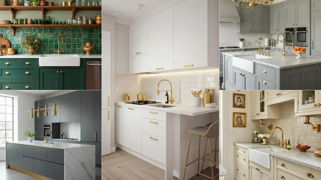 Gouden kranen en handgrepen in diverse keukens; alle details glanzen subtiel.