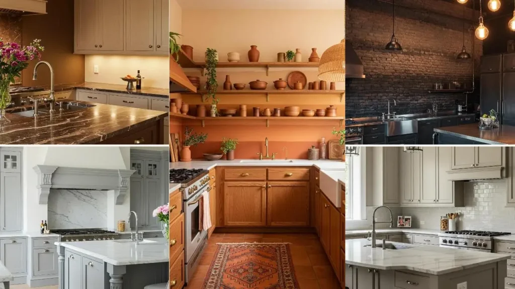 Diverse keukens met kleurverloop muren en ton-sur-ton styling, variërend van lichtgrijs tot warm oranje en donker baksteen.