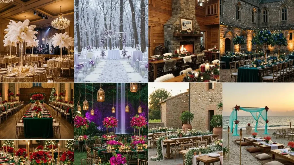 Een collage van diverse kleurenpaletten voor lente, zomer, herfst en winter evenementen en decoraties.