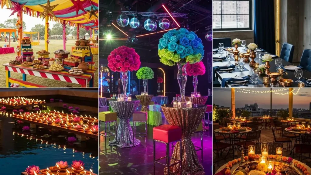 Kleurrijke tafeldecoraties voor Indiase festivals met bloemen, drijvende lampjes en feestelijke sfeer.