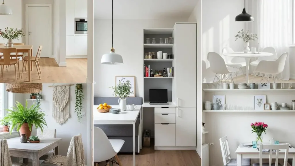 Kleine eetruimtes met slimme oplossingen die ze groter laten lijken, inclusief meubels, decor en kleurgebruik.