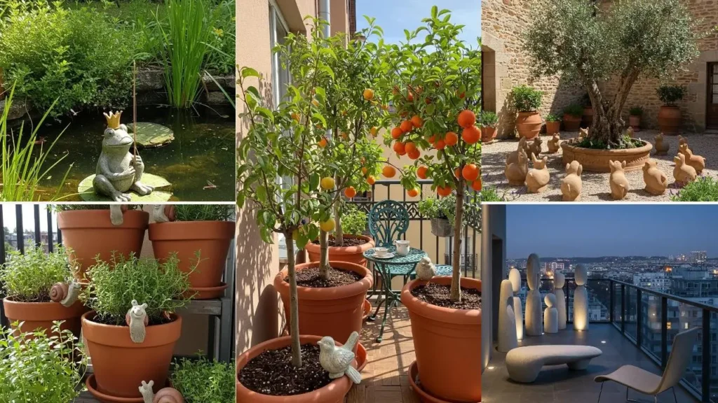 Speelse stenen beelden toegepast in diverse tuinen, van kikker bij een vijver tot moderne beelden op een balkon.