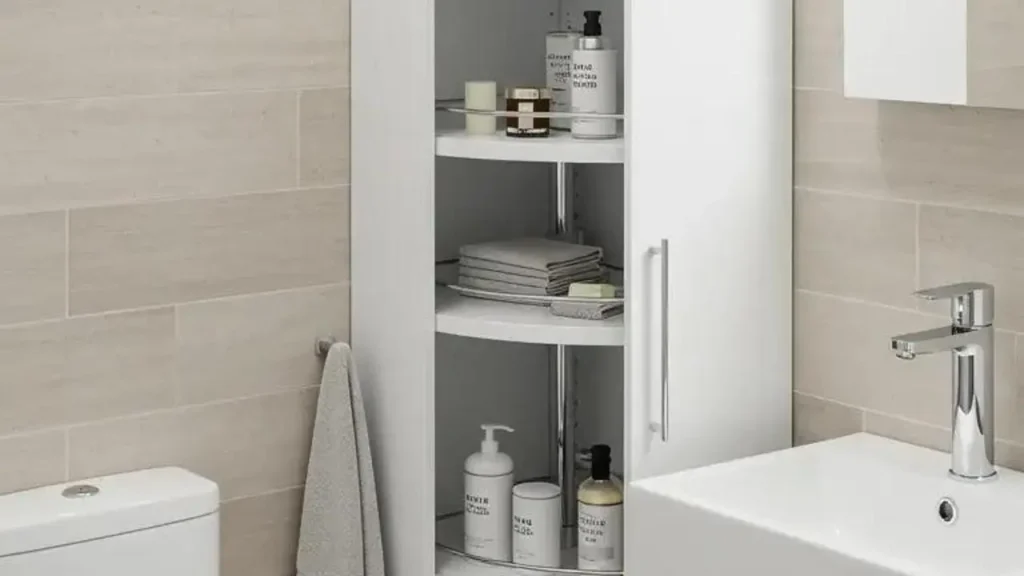 Stijlvolle witte badkameropslagkast met planken vol handdoeken en toiletartikelen.