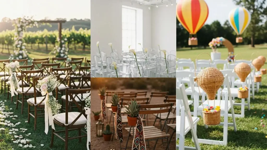 Diverse trouwstoelen met bloemen, planten en luchtballonnen voor originele decoratie-ideeën.