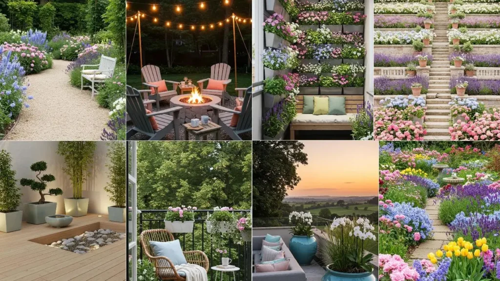 Overzicht van diverse tuinscènes met pastelkleurige bloemen en accessoires voor een zachte tuinstijl.