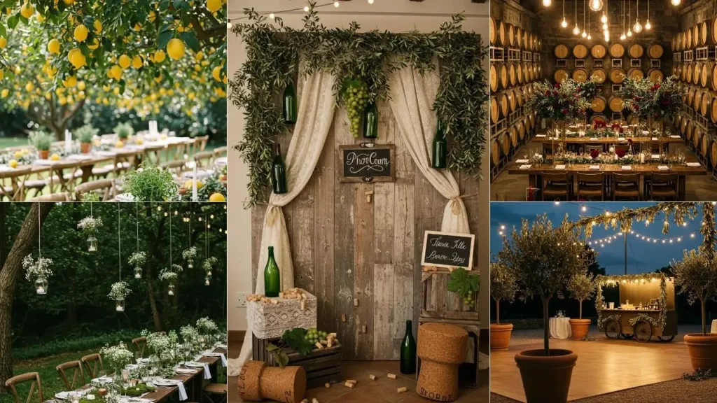 Romantische Italiaanse bruiloftsdecoratie met olijftakken, wijn en sfeervolle verlichting.