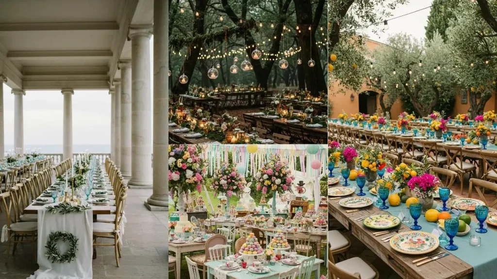 Inspiratie voor een wow-factor tafelschikking: Gedekte tafels met bloemen en sfeerverlichting voor elk feest.