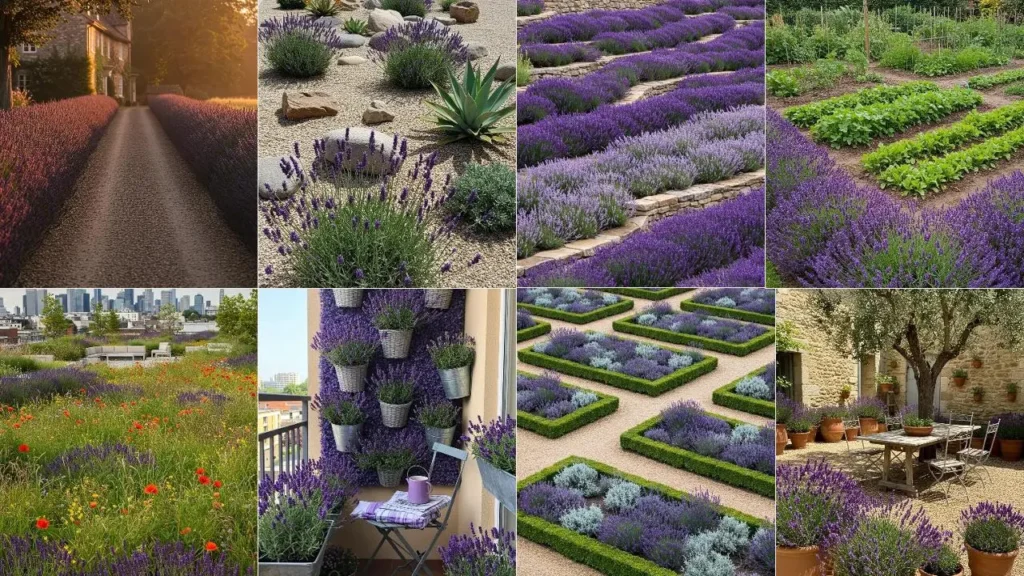Collage van tuinen waar lavendel centraal staat. Diverse stijlen en locaties.