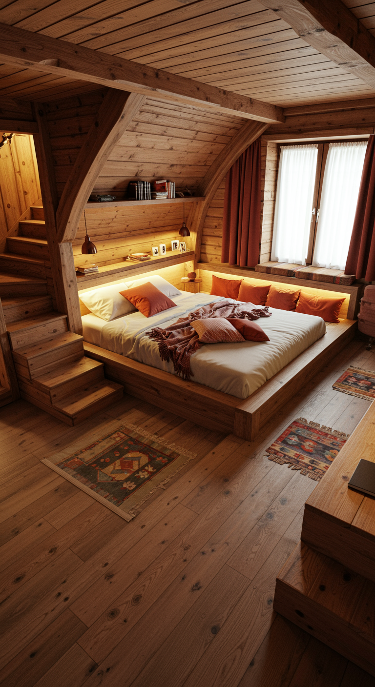 Gezellige chalet-stijl slaapkamer met veel hout en ingebouwd bed.