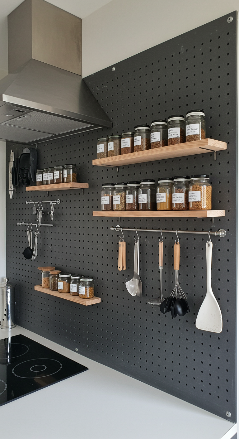 Zwart pegboard aan de keukenmuur met houten plankjes voor kruidenpotjes en haken voor keukengerei.