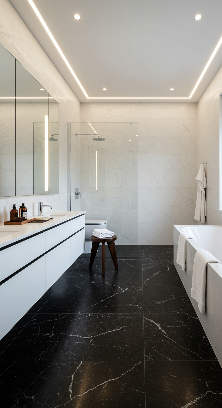 Moderne badkamer met marmeren vloer en wanden, witte meubels en strategische LED-verlichting.