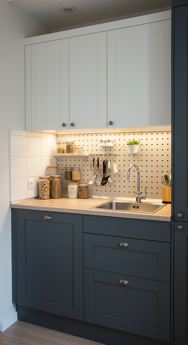 Keuken met een witte pegboard achterwand, gebruikt voor het ophangen van keukengerei.