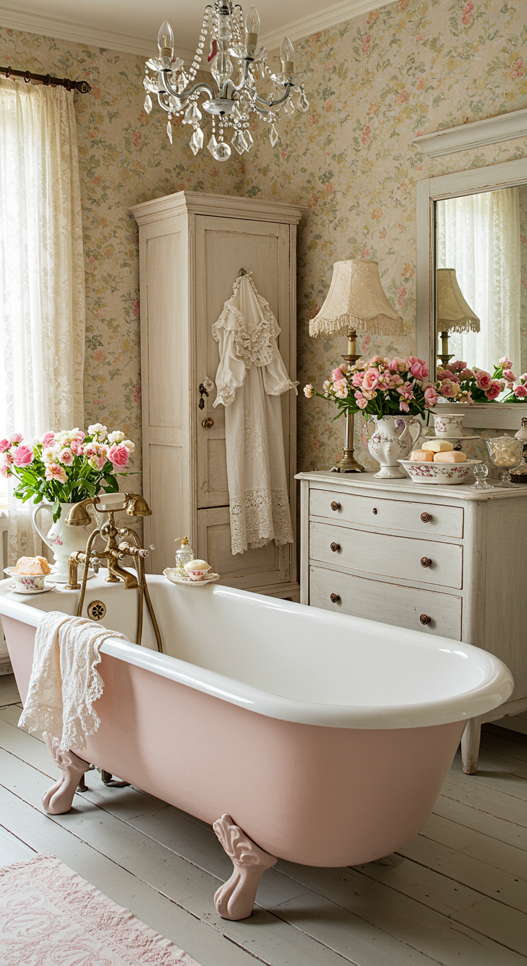 Goudkleurige klassieke badkraan bij een roze vrijstaand bad in een romantische, shabby chic badkamer.