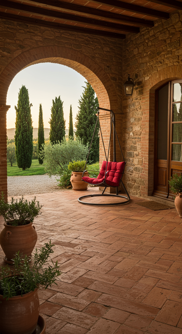 Rode metalen schommelstoel op standaard onder een stenen boog, Toscaanse sfeer met terracotta potten.
