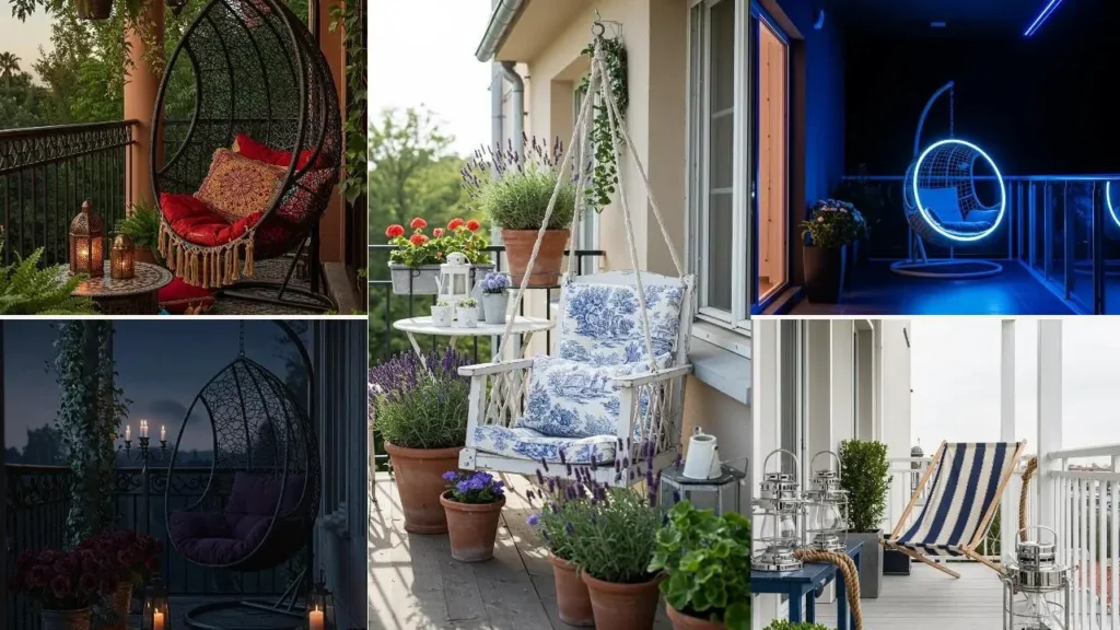 Collectie van balkons met een hangstoel als centraal element, verschillende stijlen.