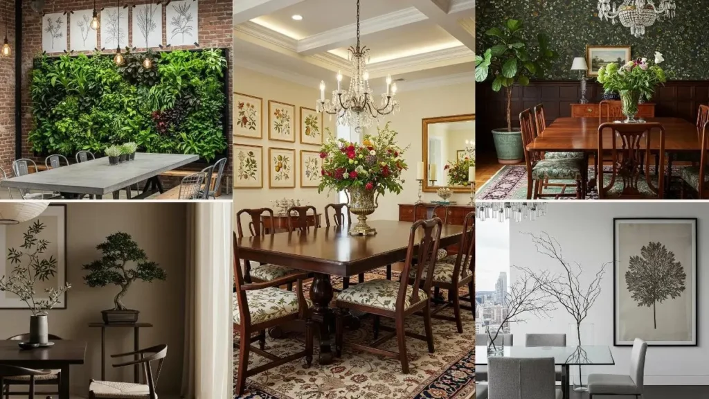 Diverse eetkamers met botanische prints, weelderige planten en natuurlijke texturen, inclusief een levende muur.
