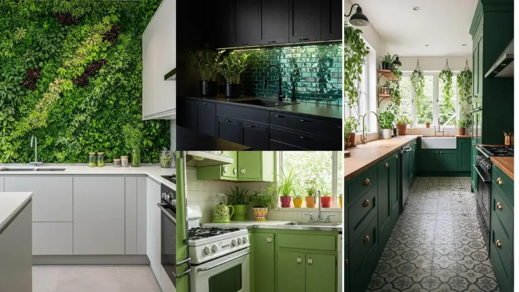 Collage van keukens met groene planten en kleuraccenten die sfeer geven.