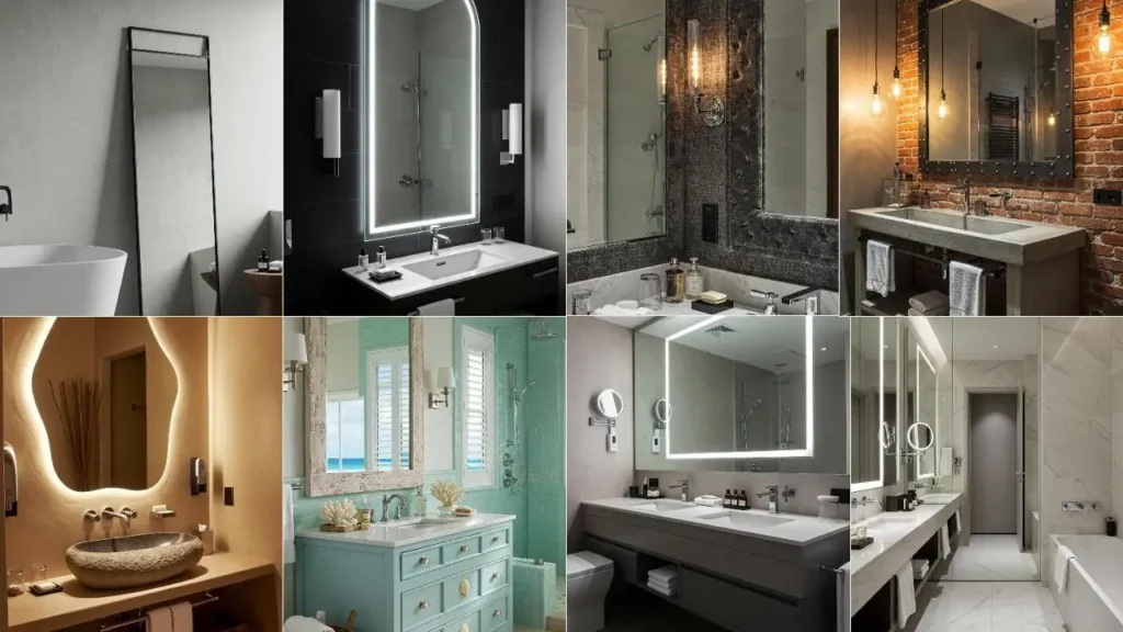 Collage van badkamers met diverse spiegels, die een hotelgevoel geven.