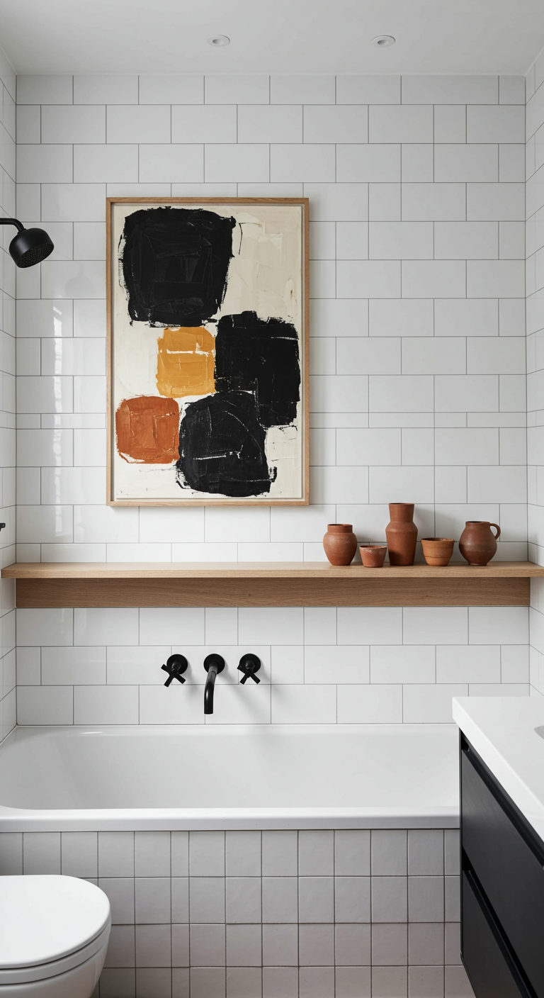 Badkamer met witte metrotegels, abstract kunstwerk boven bad en houten plank met aardewerk.