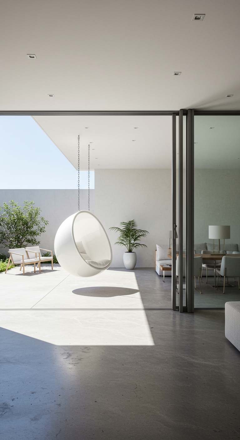 Moderne, witte, ronde hangstoel op een minimalistische patio met betonnen vloer.