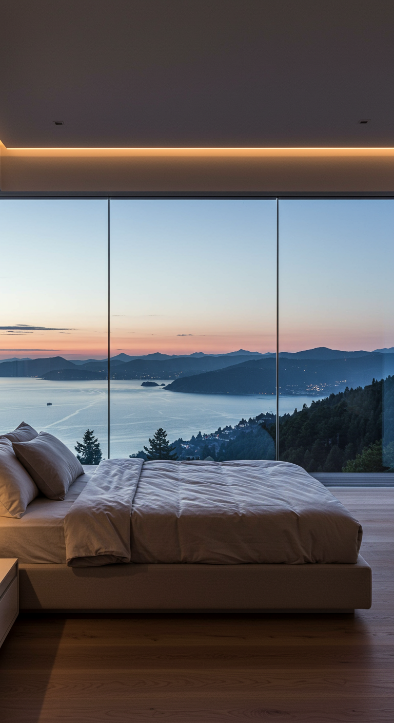 Minimalistische slaapkamer met kamerhoog raam en panoramisch uitzicht.