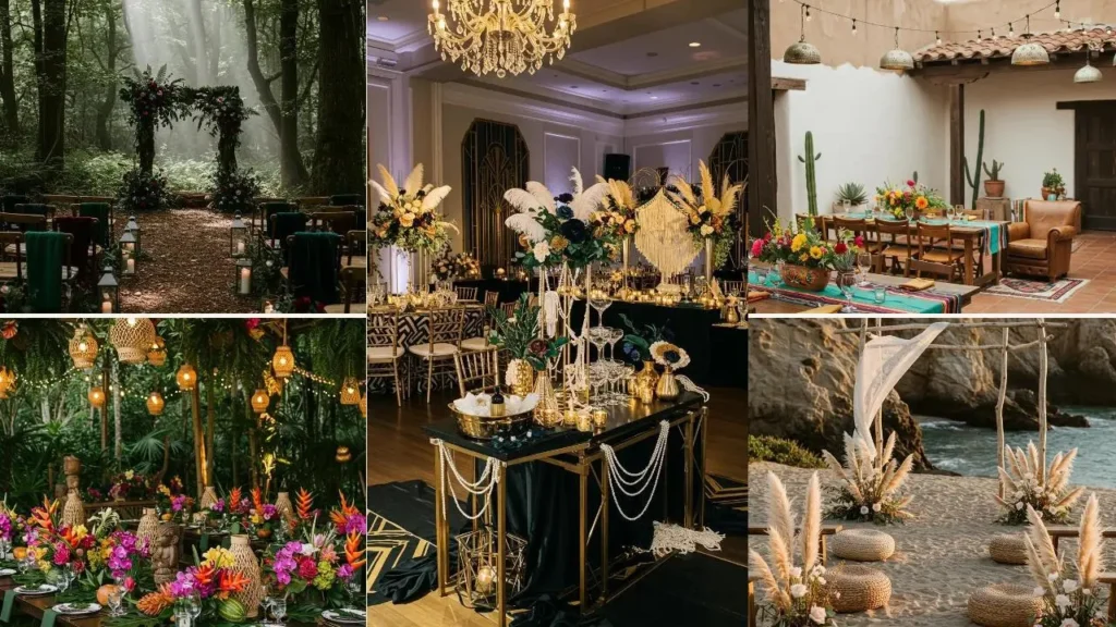 Collage van diverse bohemien bruiloft decors met bloemen, pampasgras en buitengewone locaties.