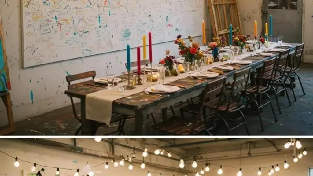 Lange bruiloftstafel met kaarsen en bloemen voor een ontspannen, creatieve bruiloftsvibe.
