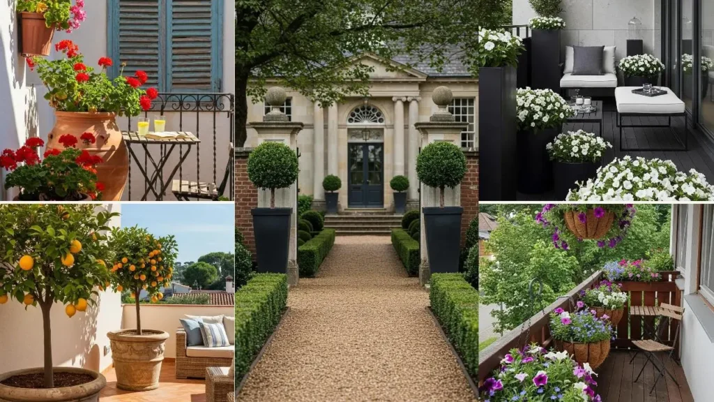 Diverse potten en planten, een collage die 35 stijlen toont voor een prachtig buiteninterieur.