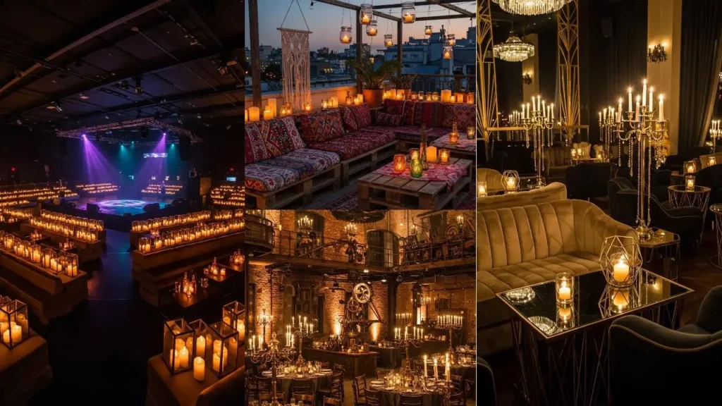 Sfeervolle feestlocaties: intieme verlichting met enkel kaarsen voor een warme ambiance.
