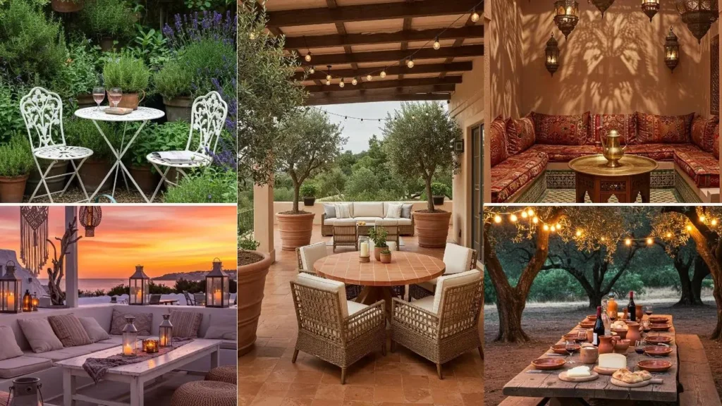 Mediterrane tuintafels: sfeervolle terrassen met olijfbomen, lantaarns en gedekte tafels.