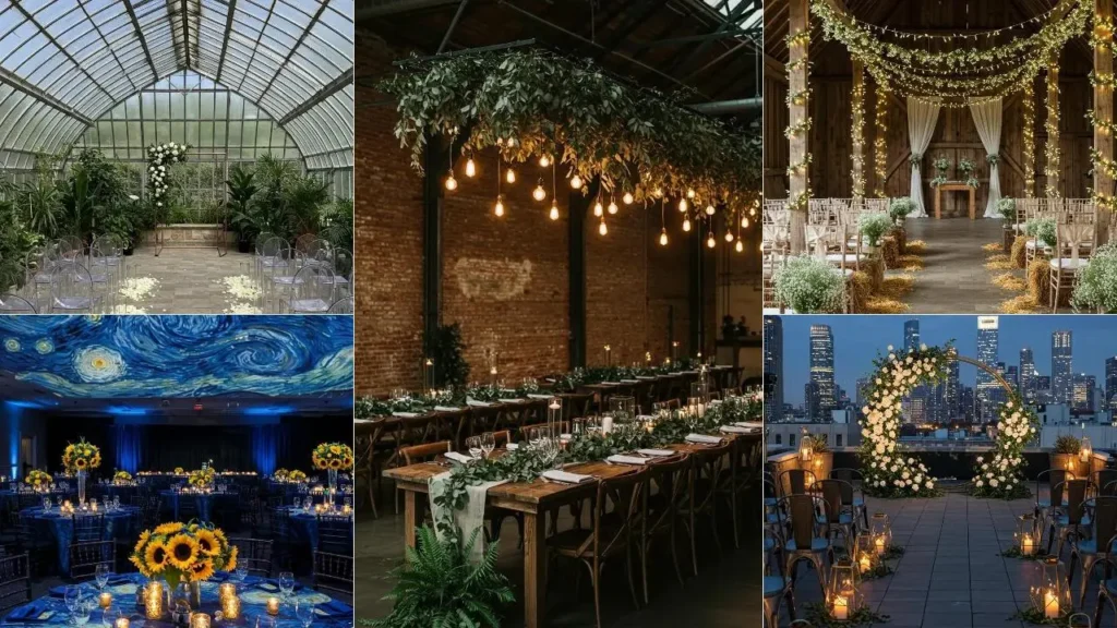 Collage toont diverse, gestylde evenementen. Inspiratie voor styling met weinig elementen.
