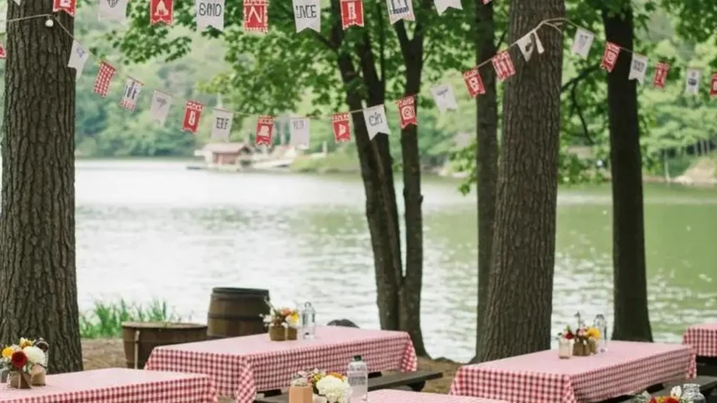 Pinterest-proof buitenbruiloft: gezellige picknicktafels met geruite kleden, bloemen en slingers bij het water.