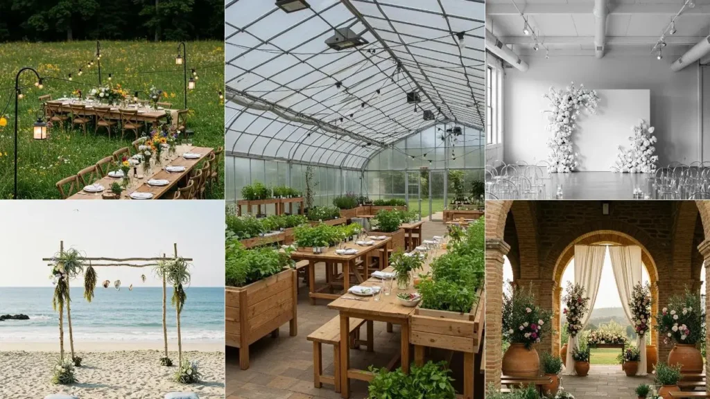 Collage van 2025 bruiloftstyling: tafels, een prieel op het strand, bloemstukken.