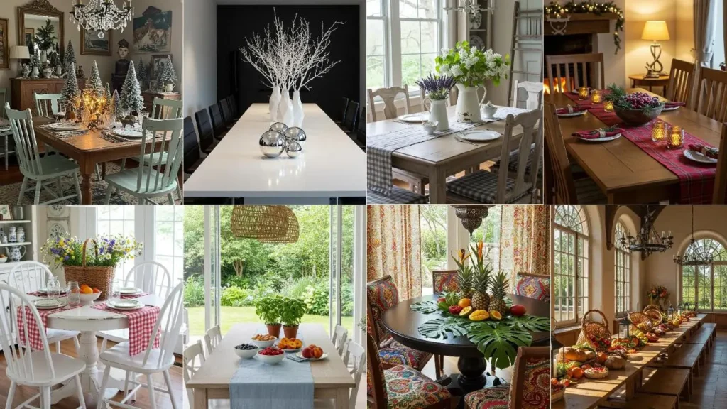 Diverse eetkamers met seizoensgebonden tafeldecoraties, van winterse feesttafels tot zomerse fruitarrangementen.