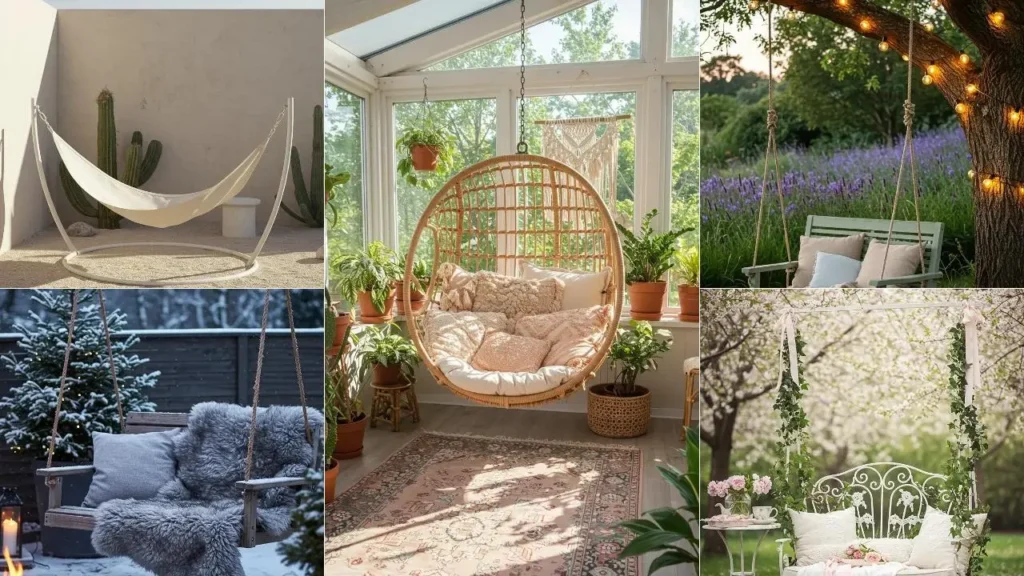 Collage van schommelstoelen in zachte tinten voor een dromerige styling.