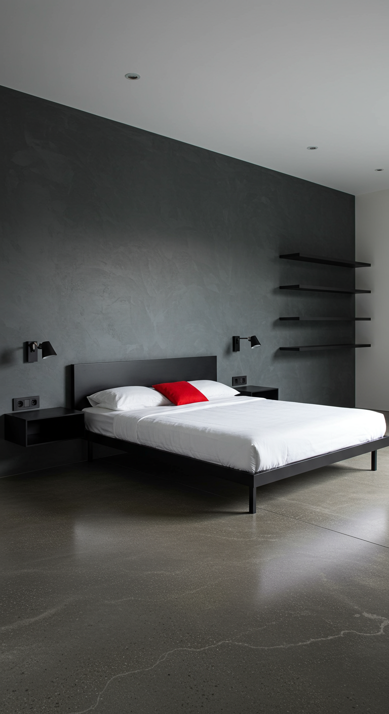 Minimalistische slaapkamer met antracietgrijze muur, wit beddengoed en één knalrood kussen.